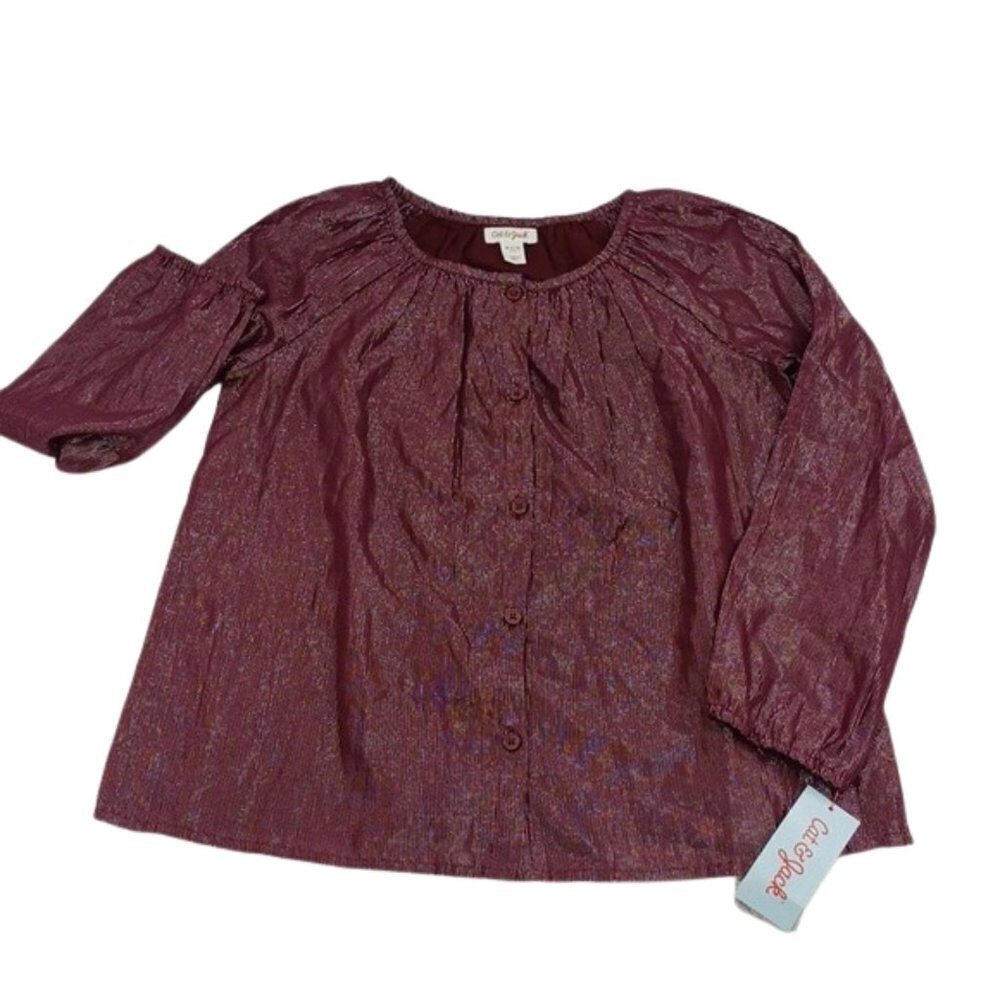 Cat & Jack Girls Size M Burgundy Long Sleeve Button Front Top Shirt Blouse